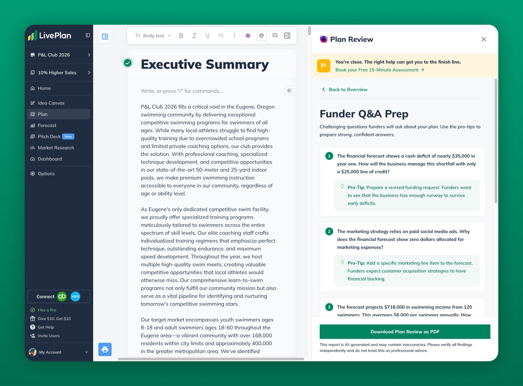 LivePlan Plan Review — Funder Q&A generating challenging funder questions from the plan's real financials, each with a pro tip