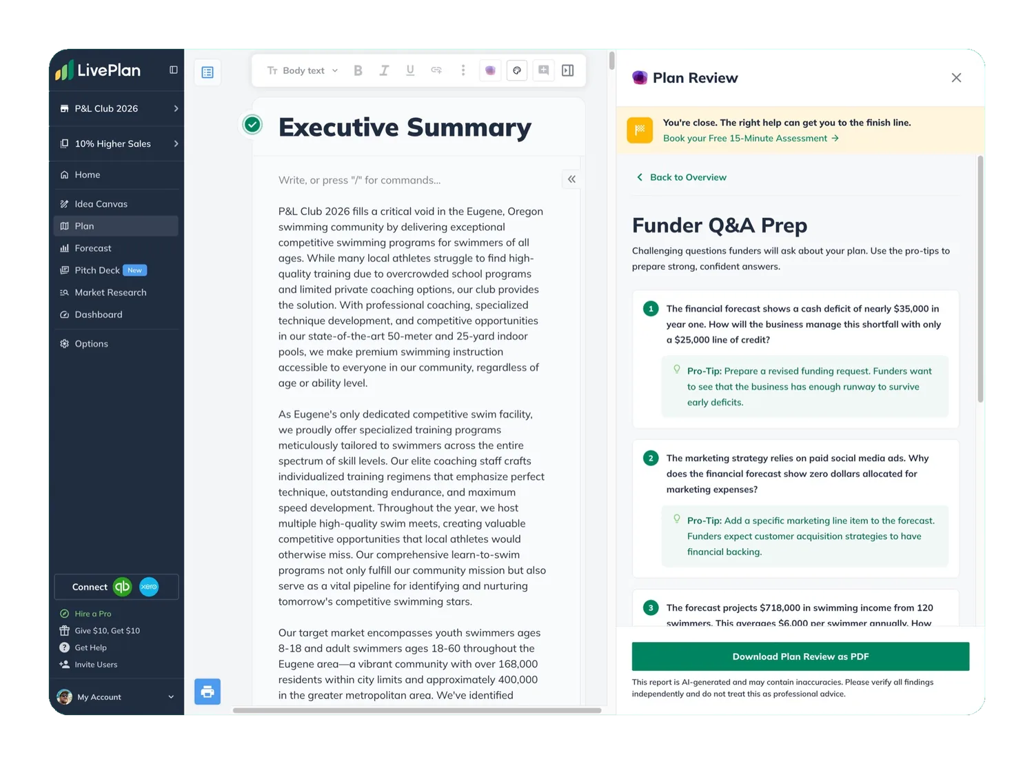 LivePlan Plan Review — Funder Q&A generating challenging funder questions from the plan's real financials, each with a pro tip