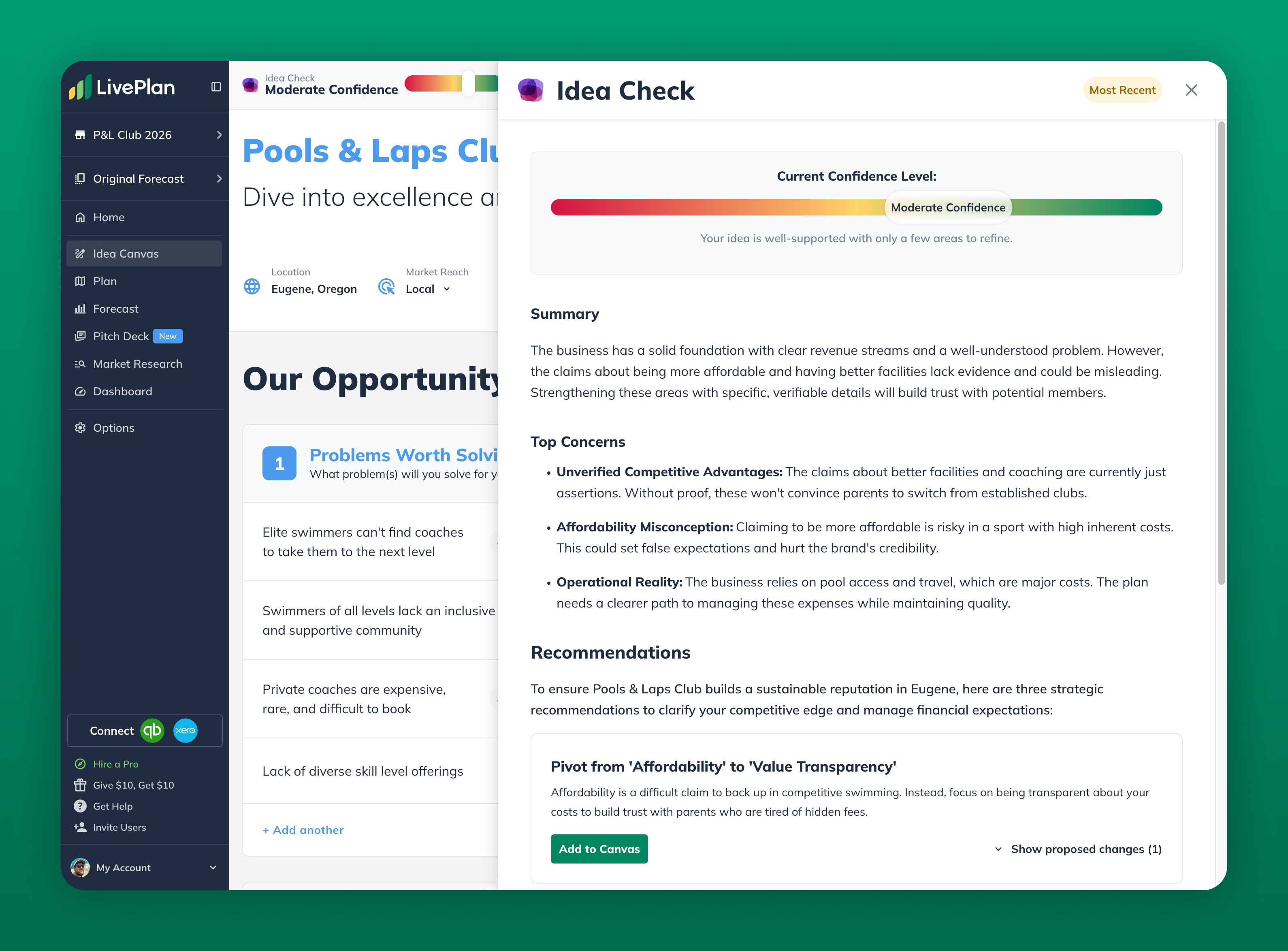 LivePlan Idea Check scoring a business idea: a confidence gauge, summary verdict, top concerns, and recommendations